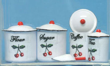 Dollhouse Miniature Cherry On Flour, Sugar, Coffee, Tea Canister Set W/Scoop